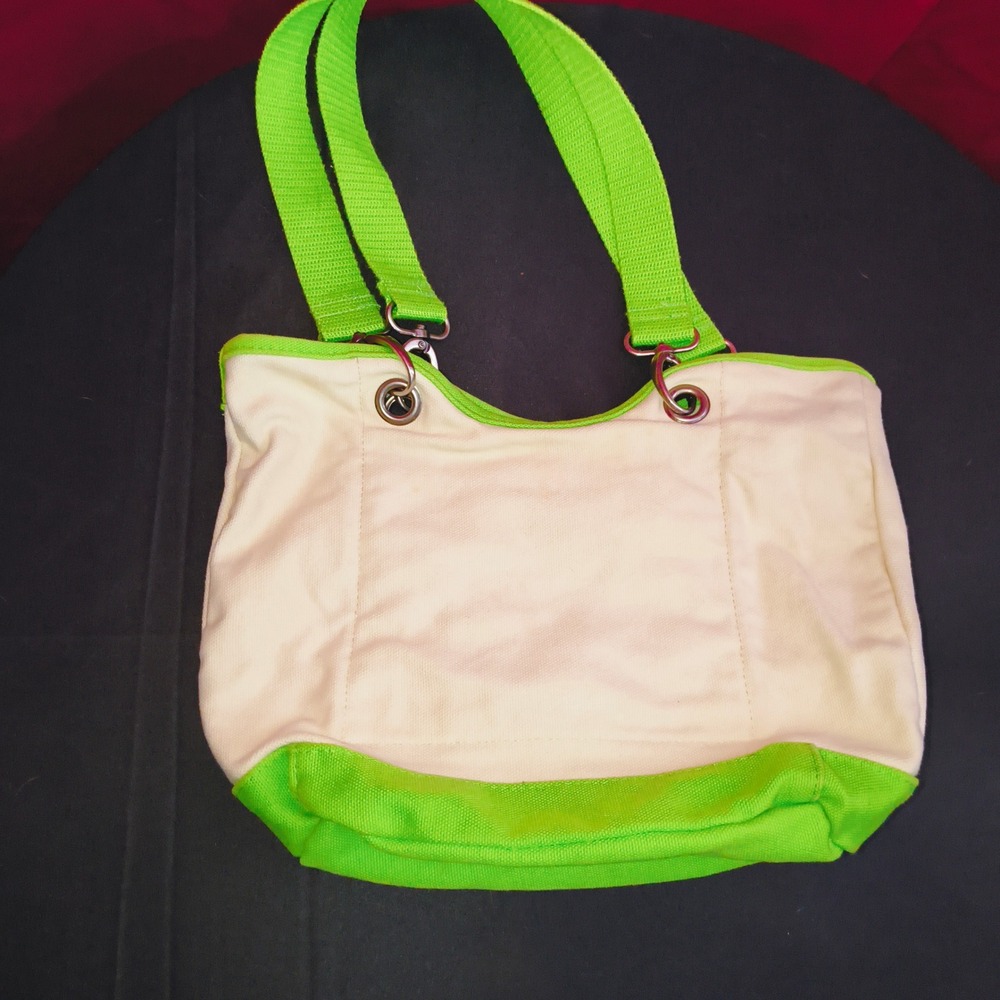Thirty-One Canvas Crew Shoulder Bag Cream Lime Green Tote Handbag - Picture 6 of 8